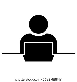 Student studying with laptop at desk icon symbol