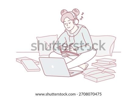 student studying with laptop and notebooks surrounded by books and notes on bed, cozy late-night study session with coffee and scattered papers, focused learning and exam preparation