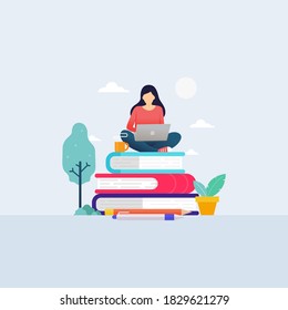 Student studying with laptop for online school education, self learning concept vector illustration