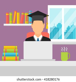 Student studying at the laptop, preparing for examination, distance learning, online education concept
