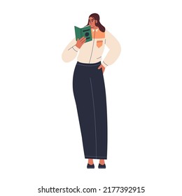 Student studying, learning with academic book in hand, preparing for university exam. Woman reader standing, reading. Teacher with textbook. Flat vector illustration isolated on white background