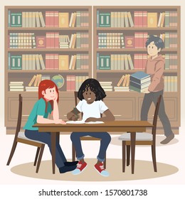 Student studying in library interior with books and bookshelves vector illustration