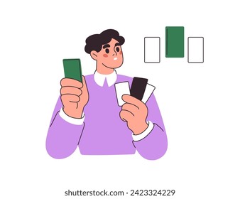 Student studying, matching cards. Puzzled learner solving problem, finding solution, thinking, comparing. Education, knowledge concept. Flat graphic vector illustration isolated on white background