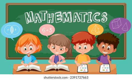 Studierende, die Mathematik im Klassenzimmer mit schwarzer Tafelgrafik studieren