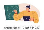 Student studying math online. Character at mathematics class, geometry lesson, drawing formula, solving problems on board. Digital learning. Flat vector illustration isolated on white background