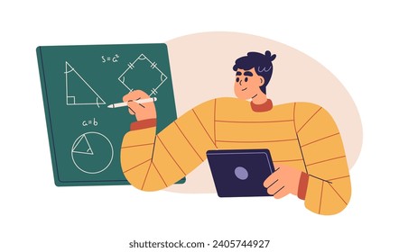 Student studying math online. Character at mathematics class, geometry lesson, drawing formula, solving problems on board. Digital learning. Flat vector illustration isolated on white background