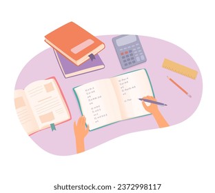 Student studying mathematics vector illustration. Cartoon isolated top view on hand holding pen to write math equations and formulas in notebook and study, diligent character thinking and counting