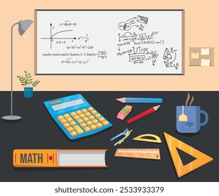 Student studying mathematics vector illustration with algebra calculator and mathematics board