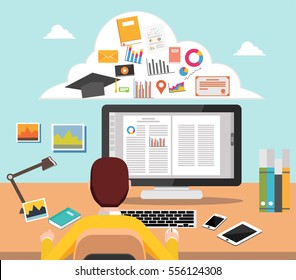 Student studying on computer  College supplies.  E-learning concept illustration for web banner, element, template, or infographics