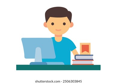 Estudiante que estudia en la Ilustración vectorial de la educación en línea de la computadora y el arte de la línea