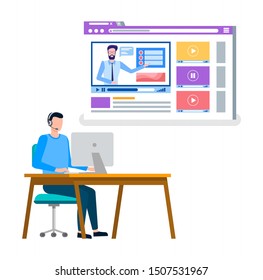 Student studying on internet, online courses and special tasks from teacher flat style. Tutor and pupil sitting by desk with computer at table. Vector illustration in flat cartoon style