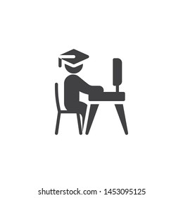 Student Studying on Laptop vector icon. filled flat sign for mobile concept and web design. Graduate student studying online glyph icon. e learning symbol, logo illustration. Vector graphics
