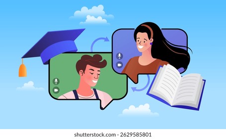 Student studying online. Education concept doodle icon set. E-learning platform. video course, internet class. remote university graduation. Vector illustration.