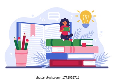 Student studying online. Girl sitting on stack of books and using tablet computer. Vector illustration for distance education, online course, studying on internet, knowledge concept.