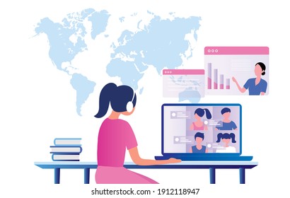 Student studying online at home. Global online education, e-learning and study from home and new normal education concept vector illustration