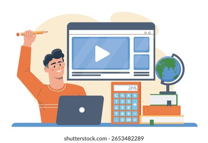 Estudante estudando on-line com laptop, calculadora, livros e globo, estilo de desenho animado plano em fundo branco. Conceito de e-learning e educação virtual. Ilustração vetorial