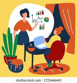 Student is studying online. Woman is working remotely from home. Pupil distance education. Girl in home office work place. Flat vector illustration