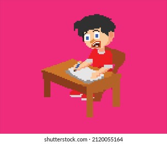 Student studying, pixel art character. Boy with book and pencil, who is studying on table with chair. Isolated vector illustration. Design for apps, motion graphics and books