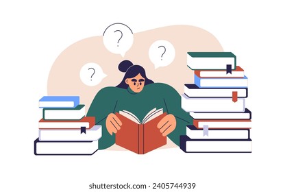 Student studying, preparing for exam among book piles. Character reading textbooks, researching, finding answers in library. Education concept. Flat vector illustration isolated on white background