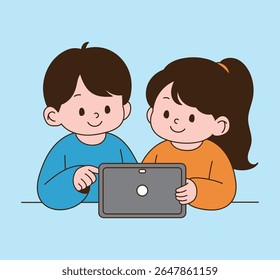 Um aluno estudando com um tablet PC. ilustração de linha mínima.