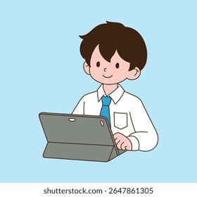 Un estudiante que estudia con una tableta PC. ilustración de línea mínima.