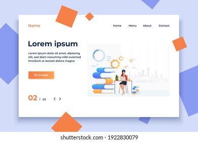 Estudiante estudiando y usando laptop en el escritorio. Universidad, graduación, concepto de información. La ilustración vectorial puede utilizarse para temas como la literatura, el conocimiento, la educación