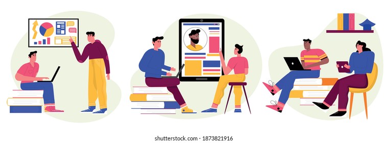 Student studying and using laptop. Education composition with students learning, studying, and relaxing. Vector illustration design