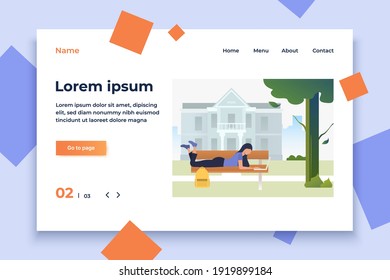 Estudiante estudiando, usando una laptop y tirado en un banco en el parque del campus. Información, conocimiento, concepto de naturaleza. La ilustración vectorial puede utilizarse para temas como universidad, relajación, educación