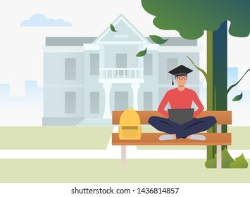 Student studying and using laptop on bench in campus park. Information, university, nature concept. Vector illustration can be used for topics like knowledge, relaxation, education