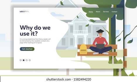 Student studying and using laptop on bench in campus park. Information, university, nature concept. Vector illustration can be used for topics like knowledge, relaxation, education