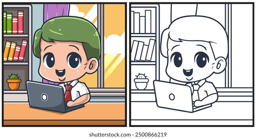 Student are studying using laptops coloring page illustration