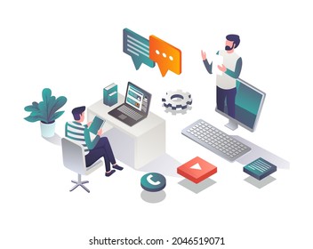 A student studying with a virtual teacher in isometric illustration