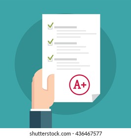 Student in Suit Holding Examination Quiz Paper Form. A paper with the top university grade.  Vector flat illustration