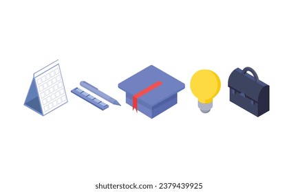 Student supplies. Set of isometric illustrations for educational sites, applications. Calendar, light bulb, graduate hat, pencil, briefcase.on white background.3D design.isometric vector design.