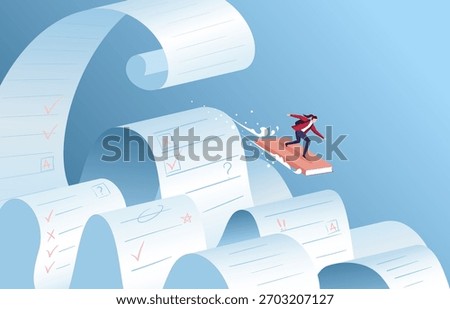 A student surfs on a book through a wave of tests and quizzes, representing the journey and challenges of academic success.