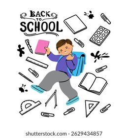 Student surrounded by doodle school supplies 
