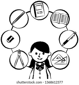 Student surrounded by stationery. female student in uniform. Vector illustration.

