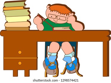 student at the table with books preparing lessons