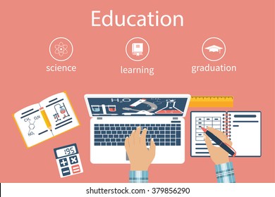 Student at table. Student learns, studying. Concept distance education, e-learning, study process. Infographics training. Learning Sciences. Chemistry, Mathematics. Flat design vector. Homework.