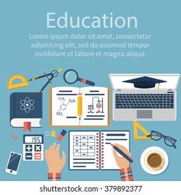 Student at table. Student learns, studying. Concept distance education, e-learning, study process. Desk with objects education: book, laptop, notebook, pen. Flat design vector. Homework.