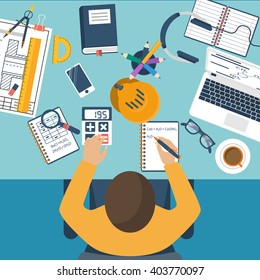 Student at table. Learns, studying. Concept distance education, e-learning, study process. Desk with objects of student education: book, laptop, notebook, pen. Flat design vector. Homework.