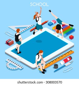 Student Tablet at Back to Schoo shop set. Happy Teen Computer online School. Kid student Laptop. School Laptop collection 3D Flat isometric people infographic. Student group tablet vector illustration