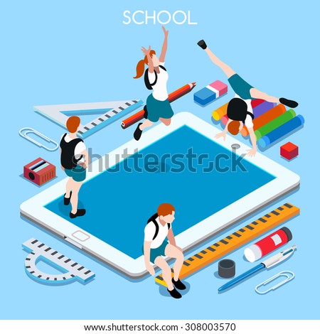 Student Tablet at Back to Schoo shop set. Happy Teen Computer online School. Kid student Laptop. School Laptop collection 3D Flat isometric people infographic. Student group tablet vector illustration