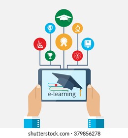 Student with a tablet, holding in hand. Concept of online education. E-learning. E-learning concept. Education Icons. Vector illustration Flat design.