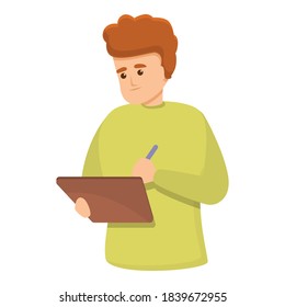 Student with tablet icon. Cartoon of student with tablet vector icon for web design isolated on white background