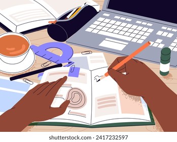 Student takes notes, writes in notebook, prepares to exams. Pupil does homework on the table. People learning, study with pencil in hand. Cozy workplace. Education concept. Flat vector illustration