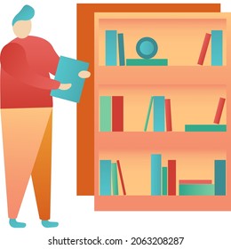Schüler, die Buch in der Bibliothek Vektorsymbol. Männliche Menschen studieren in der Schule, am College oder im Lesesaal der Universität. Mann im Buchladen, der in der Nähe der virtuellen Bibliothek steht, einzeln auf weißem Hintergrund