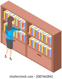 Student taking book at library vector icon bookcase. Female person study at school, college or university reading room. Girl at bookstore standing near bookshelf with stacks of books isolated on white