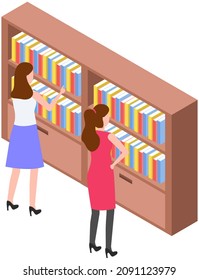 Student taking book at library vector icon bookcase. Female person study at school, college or university reading room. Girl at bookstore standing near bookshelf with stacks of books isolated on white