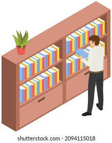 Student taking book at library vector icon bookcase. Male person study at school, college or university reading room. Man at bookstore standing near bookshelf with stacks of books isolated on white